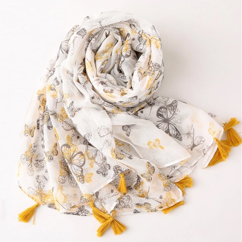 Yellow Grey Butterfly Cotton Fashion Wrap Scarf with Tassels